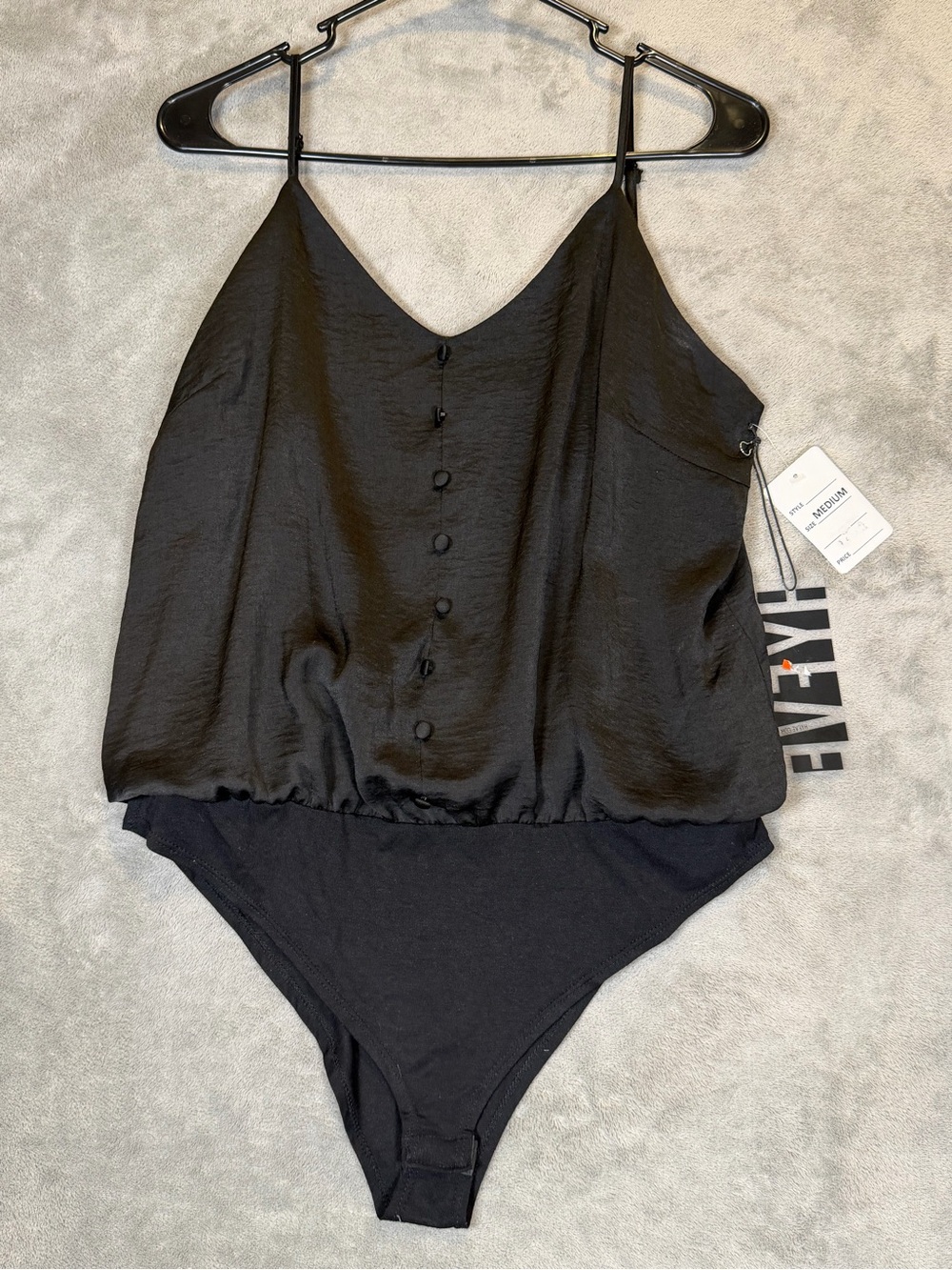 HYFVE Black Satin Button-Front V-Neck Bodysuit